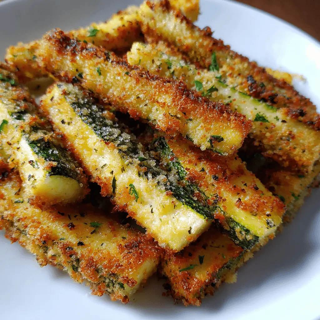 Crispy, golden-brown air fryer zucchini sticks with herbs on a white plate.