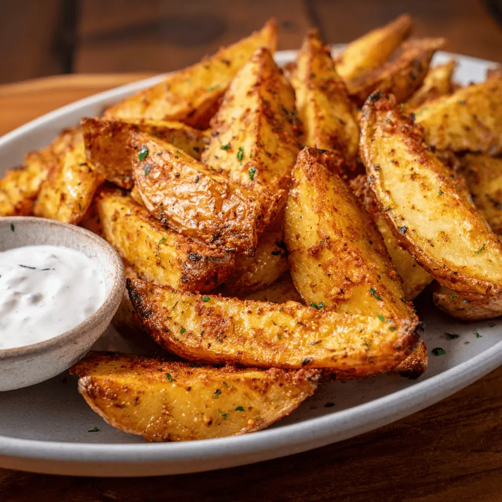 Close-up of perfectly seasoned and crispy air fryer potato wedges with a creamy dipping sauce on an oval plate.