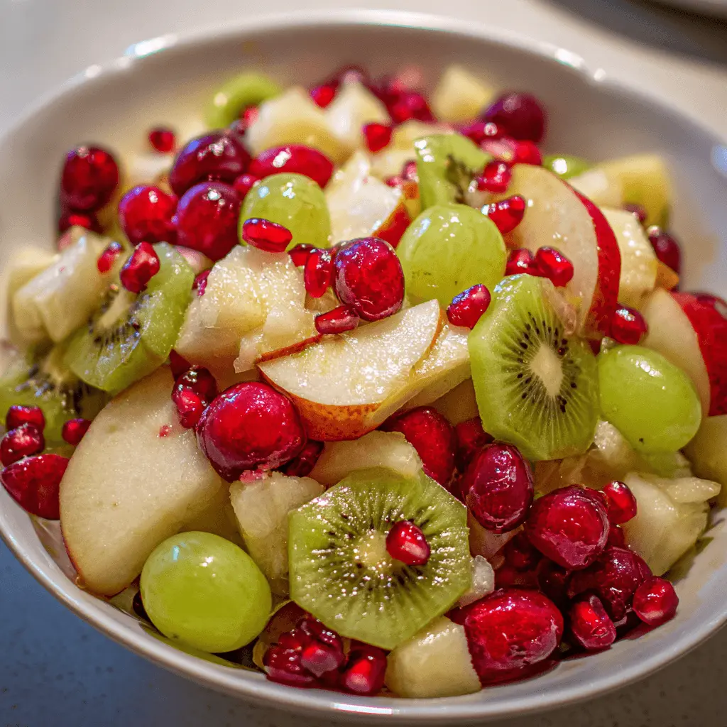 Vibrant Christmas fruit salad with green grapes, kiwi, pomegranate, and apple, presented in a white ceramic bowl.