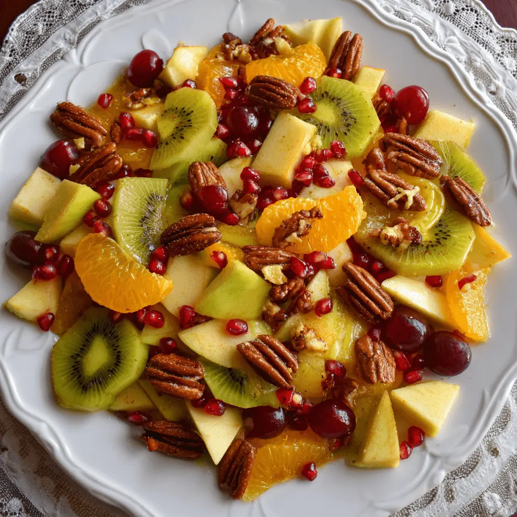 A vibrant Thanksgiving fruit salad featuring kiwi, oranges, apples, grapes, pomegranate, and pecans on a decorative white platter with a lace placemat.