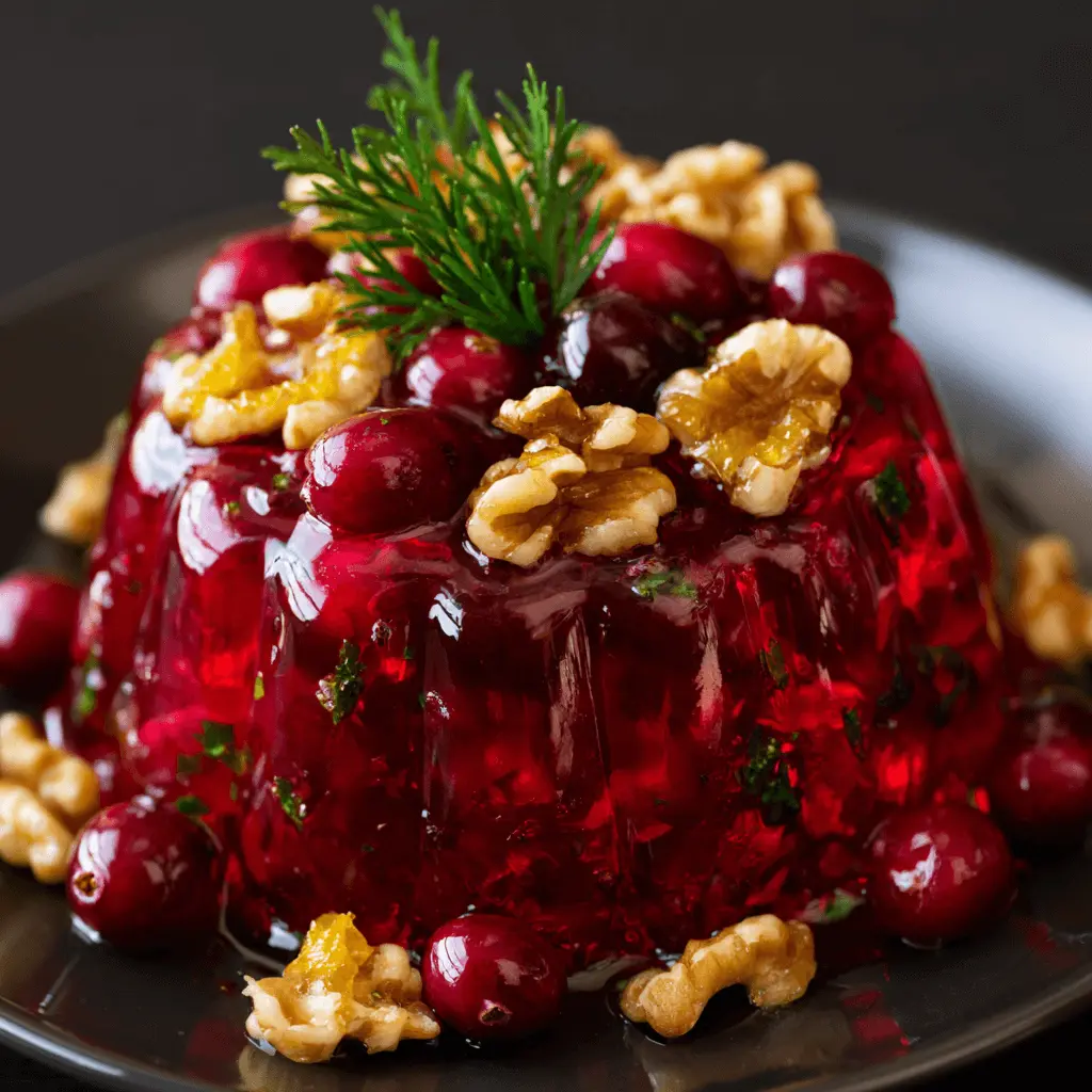 Vibrant cranberry jello salad Thanksgiving dessert, molded with cranberries, walnuts, and a green sprig garnish on a dark plate.