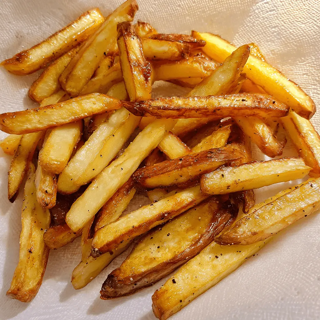 Close-up of golden, crispy air fryer french fries seasoned with salt and pepper, piled on a white paper towel.