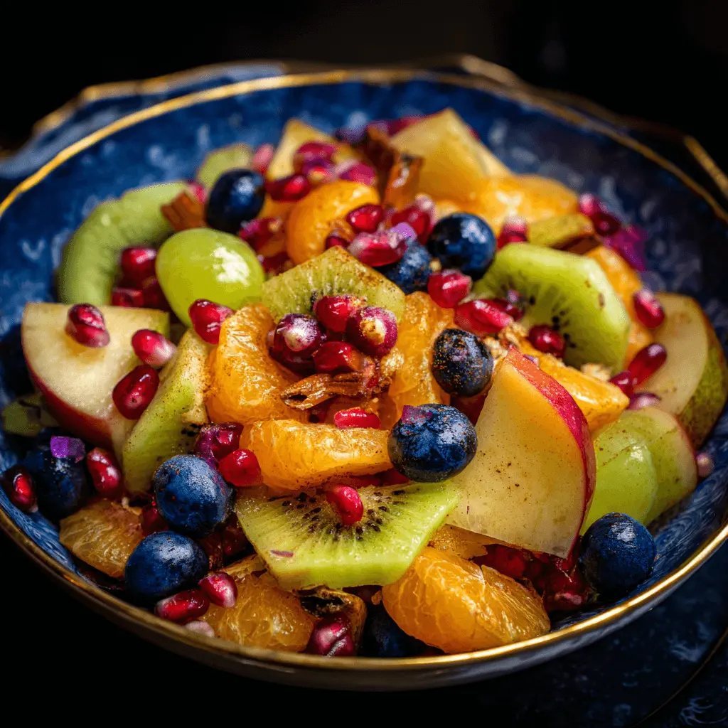 Vibrant winter fruit salad with orange, kiwi, pomegranate, and blueberries in an ornate blue bowl.