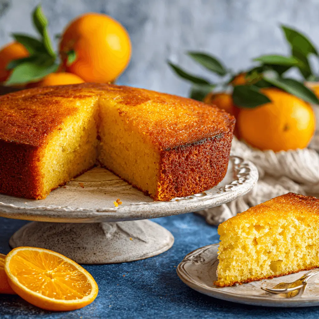 Vibrant orange cake recipe with fresh oranges on rustic serving ware, perfect for exploring delicious orange recipes.