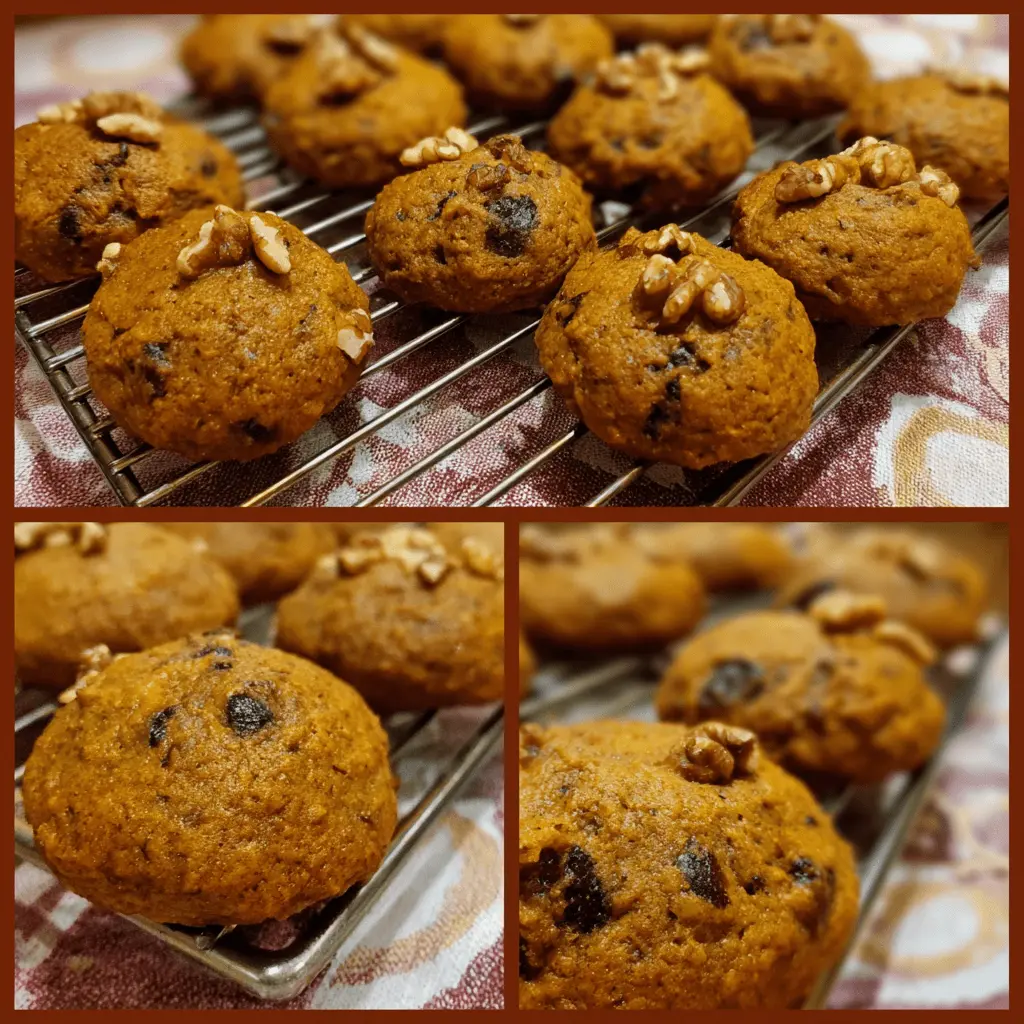 Freshly baked persimmon cookies with walnuts cooling on a wire rack.