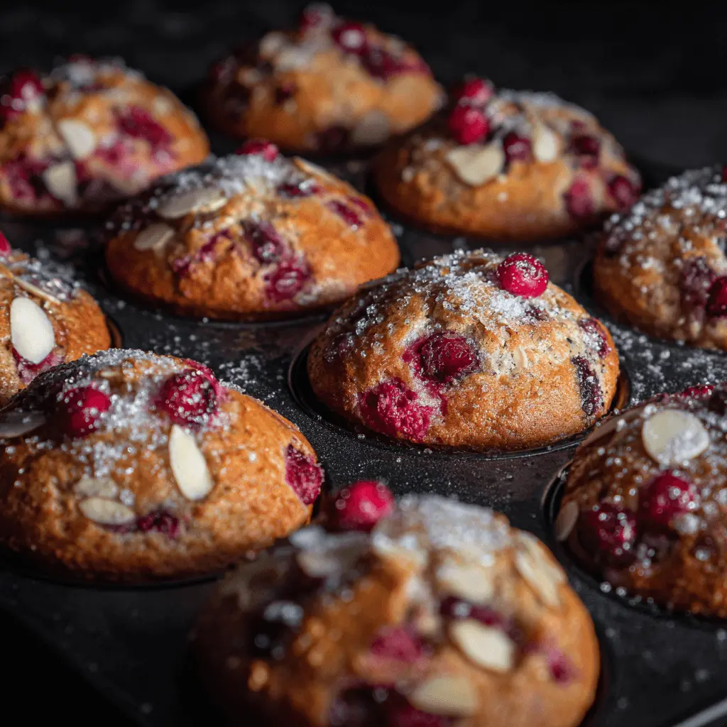 Freshly baked cranberry muffins with golden-brown tops and sparkling sugar in a metal baking tray.