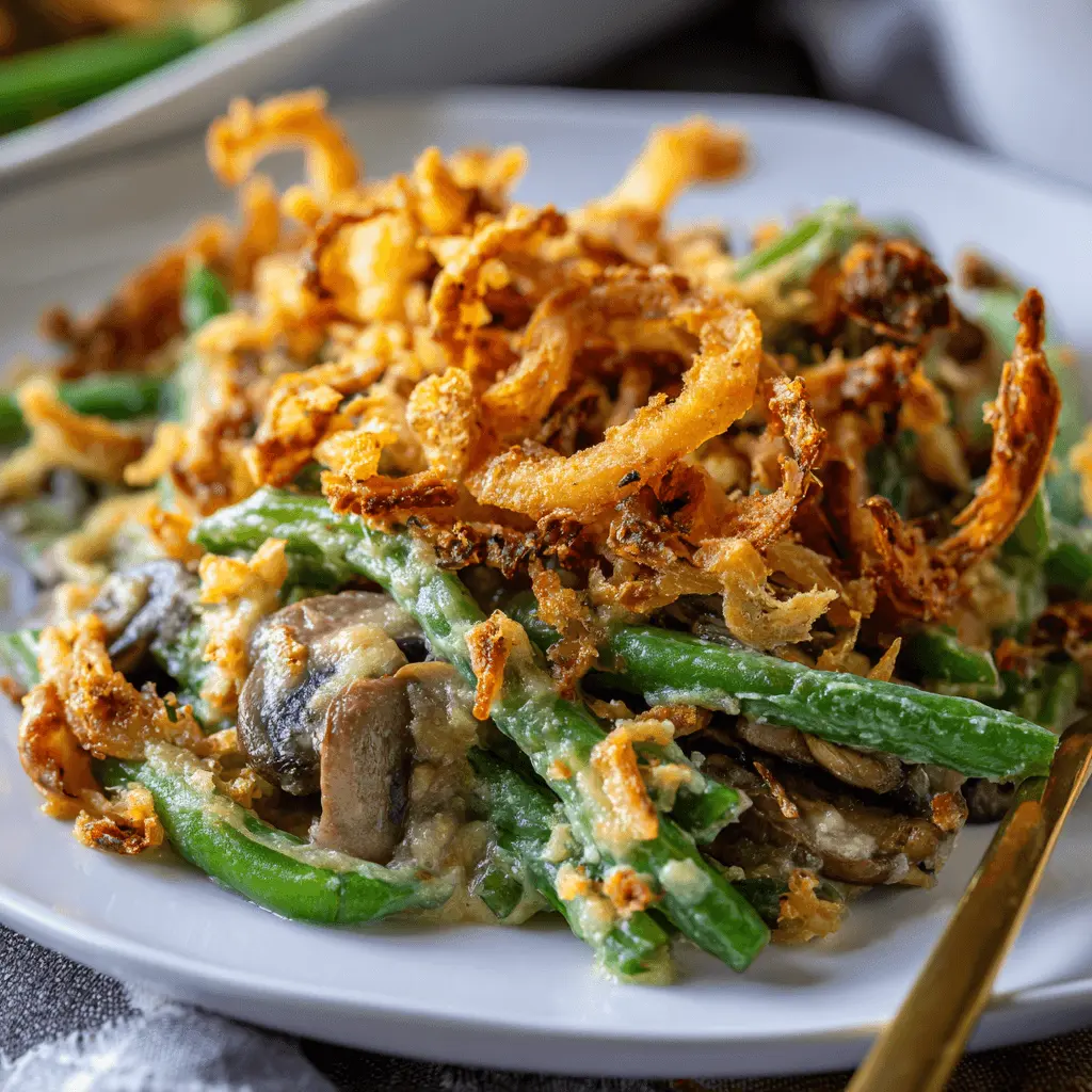Close-up of a classic green bean casserole topped with crispy fried onions on a white plate.
