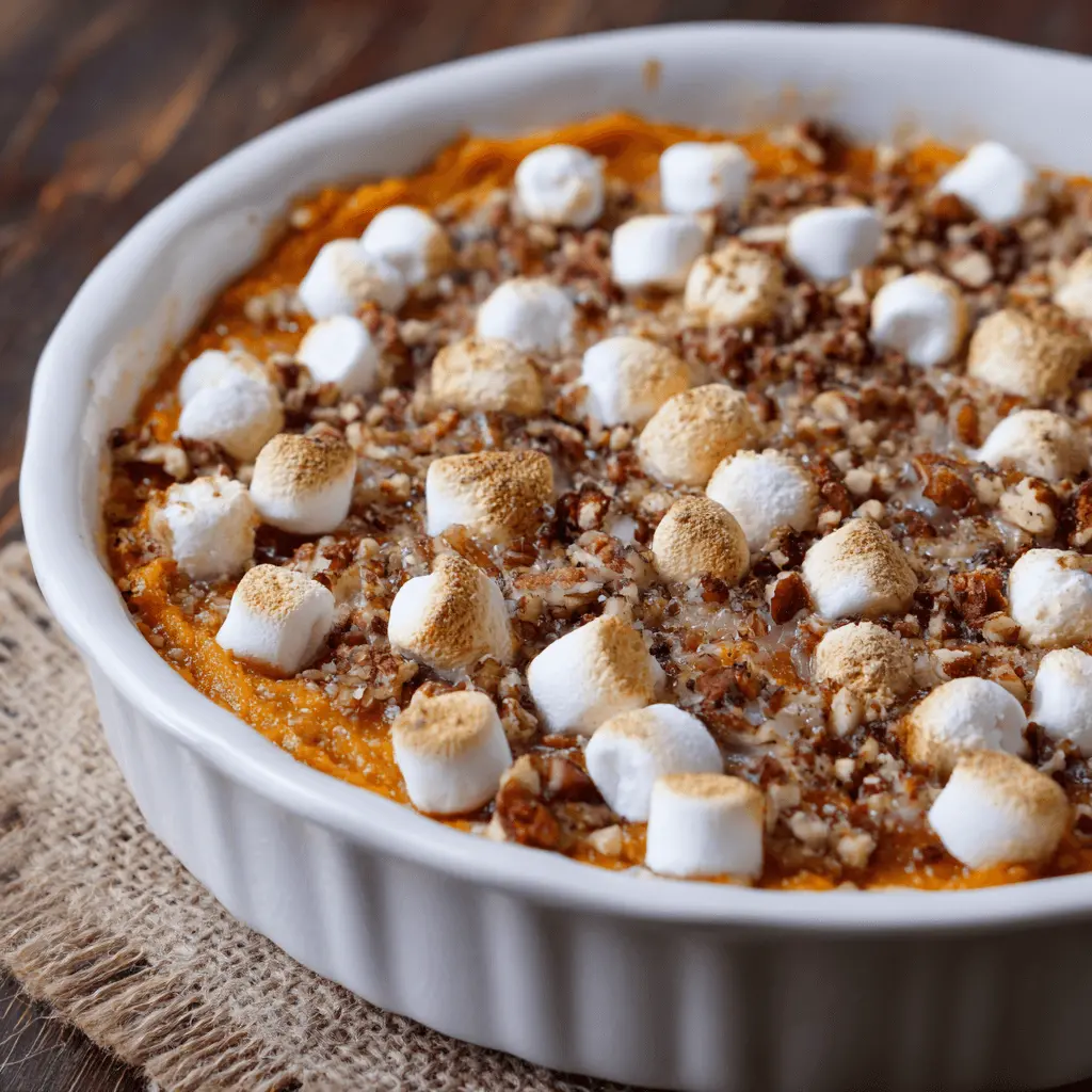 Delectable sweet potato casserole topped with golden toasted marshmallows and chopped pecans.