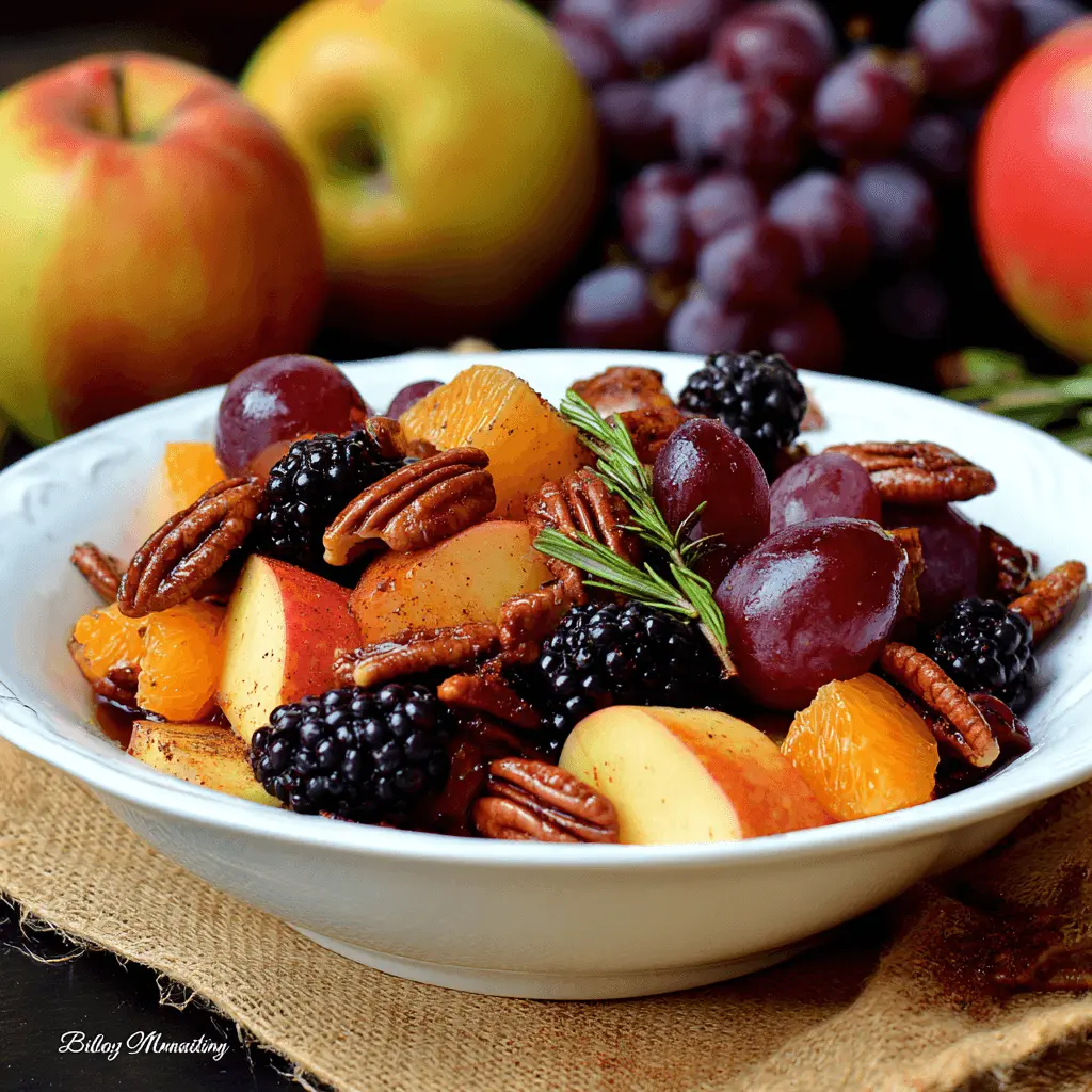 Vibrant fall fruit salad with apples, grapes, berries, and pecans in a white bowl on a rustic background.