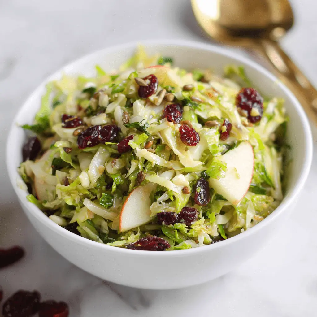 A vibrant shaved brussel sprout salad with cranberries, apples, and sunflower seeds in a white bowl on a marble surface.