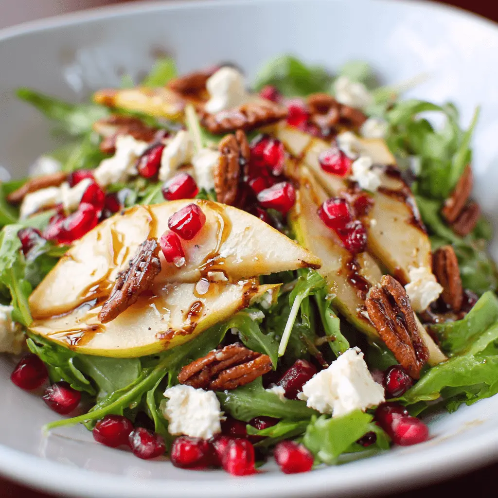 Vibrant pomegranate salad with fresh arugula, sweet pear, crunchy pecans, creamy cheese, and balsamic drizzle.