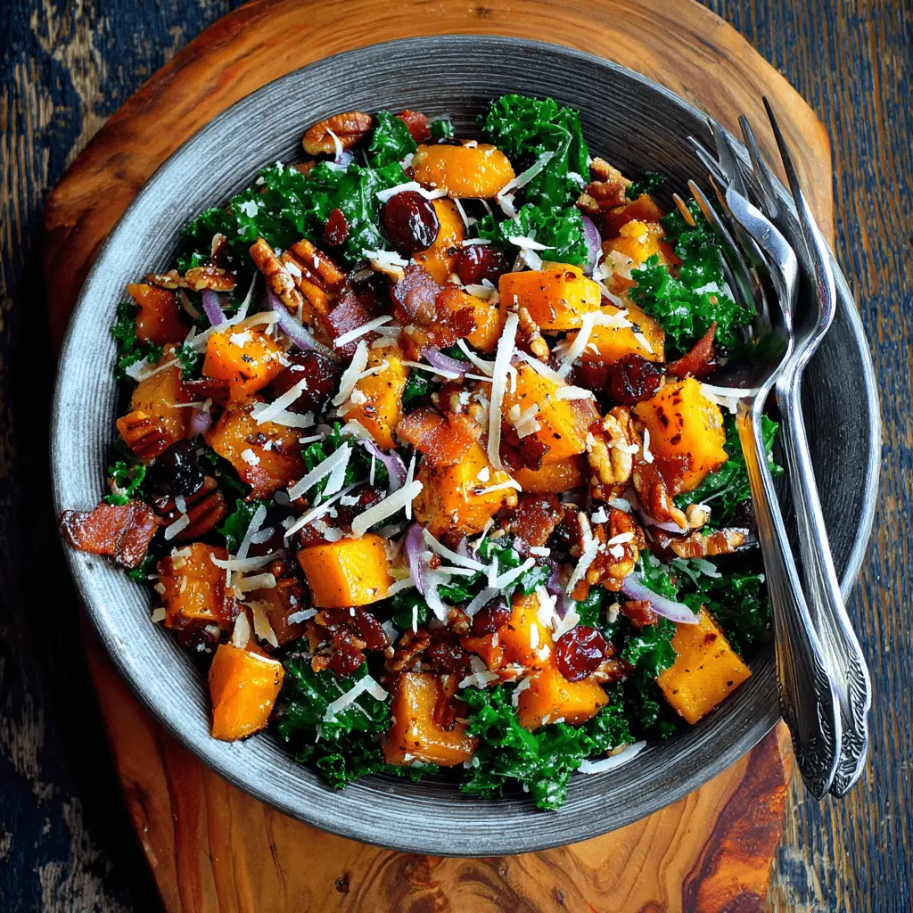 A vibrant butternut squash salad featuring roasted squash, kale, bacon, cranberries, pecans, red onion, and Parmesan in a rustic bowl on a wooden surface.