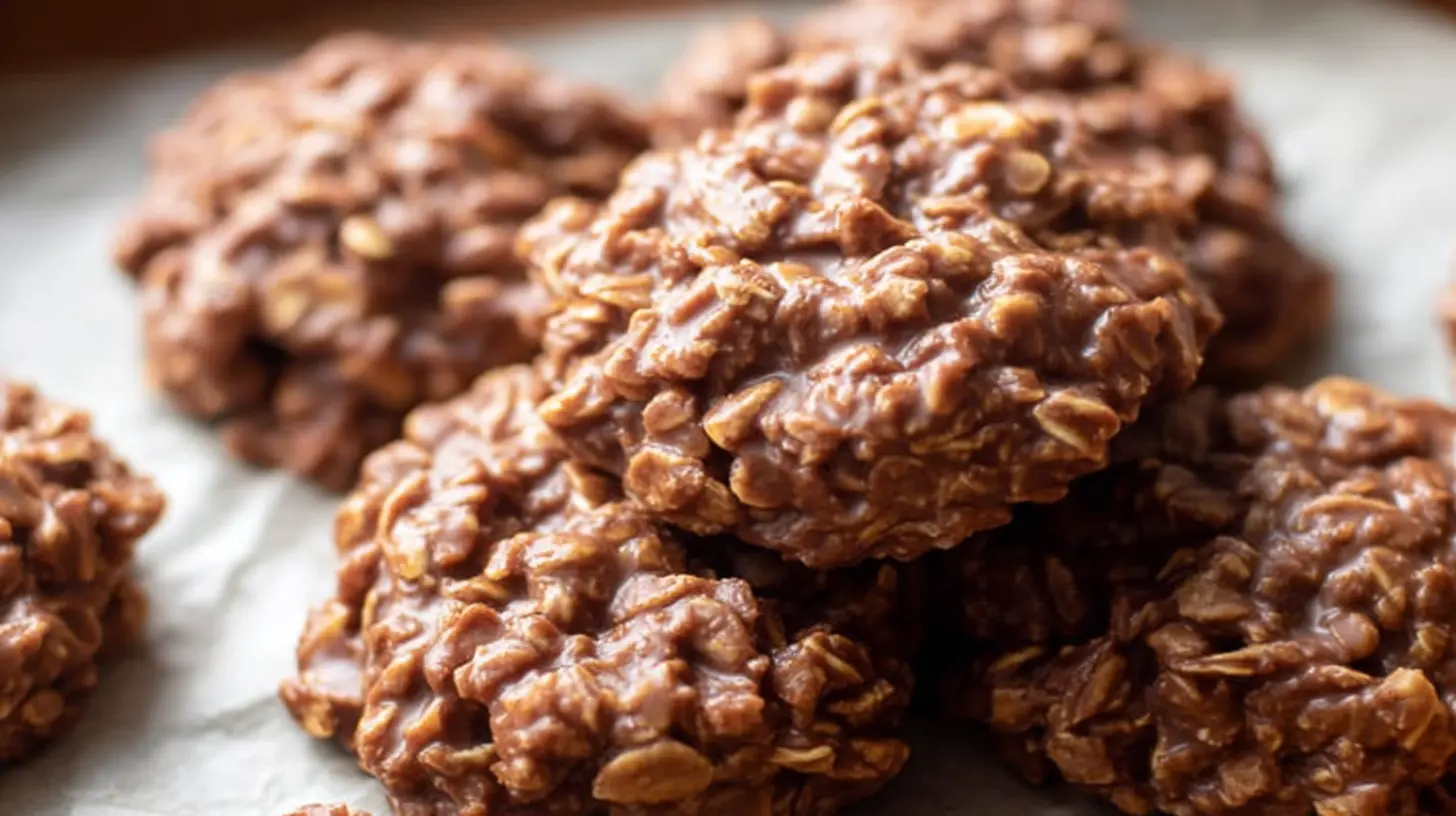 Close-up of delicious no bake chocolate oatmeal cookies on parchment paper, showcasing their fudgy texture.