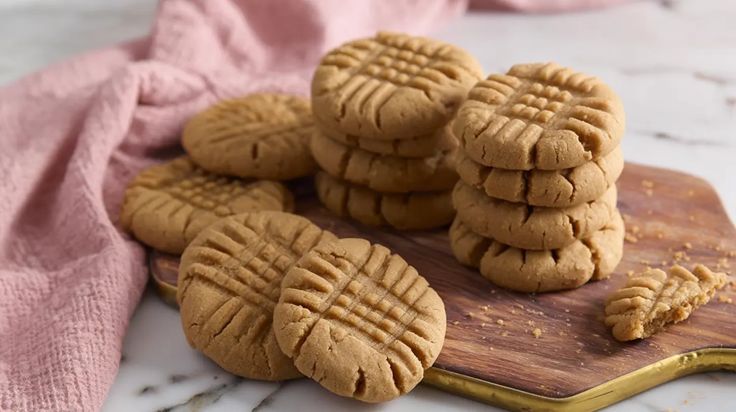 Delicious golden-brown peanut butter cookies with criss-cross patterns, perfectly baked from a beloved peanut butter cookie recipe, arranged on a rustic wooden board.