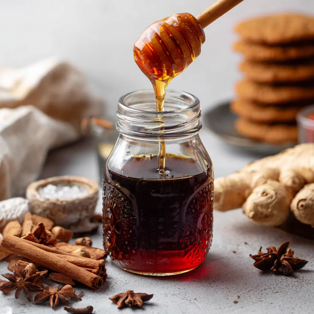 Golden honey being poured into a jar of dark liquid, surrounded by spices like cinnamon and star anise, and fresh ginger, perfect for a gingerbread syrup recipe.