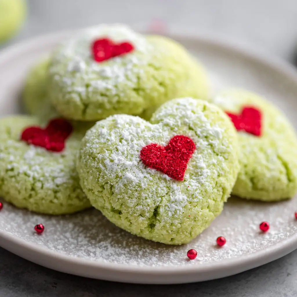 Delicious heart-shaped green cookies adorned with red glitter hearts, a sweet take on a Grinch Christmas cookie recipe.