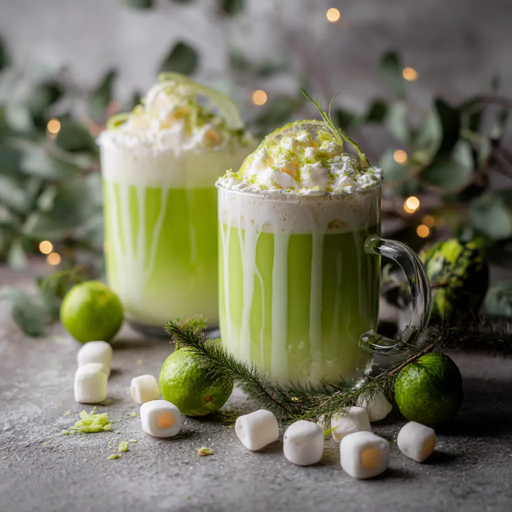 Vibrant Grinch hot chocolate recipe in clear mugs, topped with whipped cream, lime, and marshmallows on a festive grey surface.