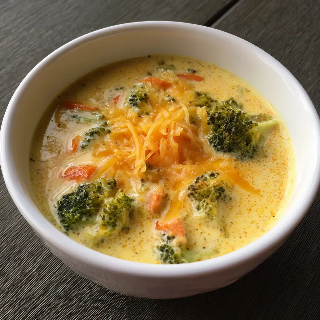 Close-up of a steaming bowl of creamy broccoli cheddar soup, topped with shredded cheddar cheese and fresh broccoli florets.