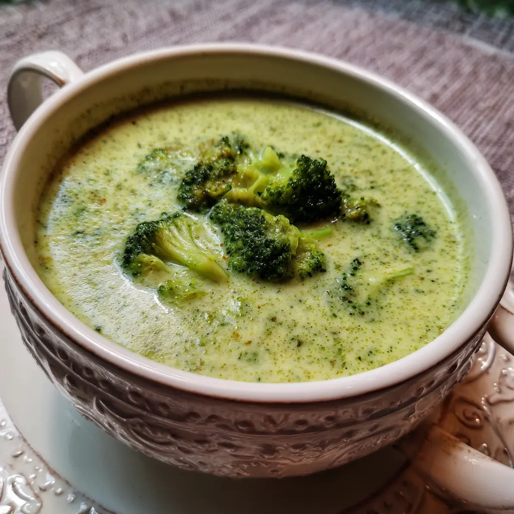 A close-up, top-down view of an elegant bowl filled with creamy green cream of broccoli soup, garnished with fresh florets and subtle spices, showcasing a delicious cream of broccoli soup recipe.