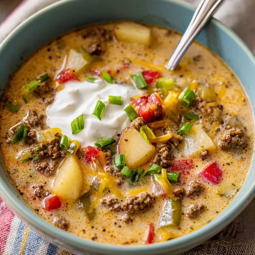 Vibrant close-up of a hearty cheeseburger soup recipe, garnished with sour cream and green onions.