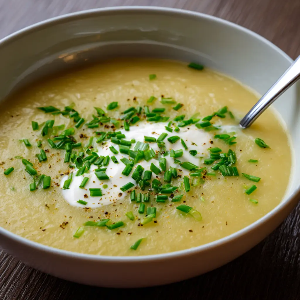 A bowl of creamy potato leek soup, garnished with fresh chives and a dollop of cream, highlighting a perfect potato leek soup recipe.