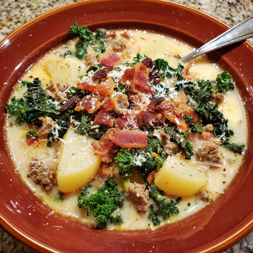 A close-up of creamy zuppa toscana soup with crispy bacon, fresh kale, and grated cheese in a rustic bowl.