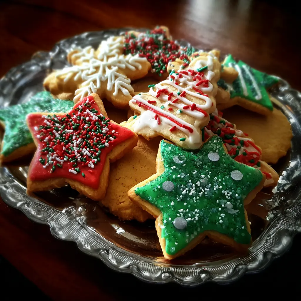 Close-up of brightly christmas cookies decorated in various shapes and colors on an ornate silver platter, creating a festive display.