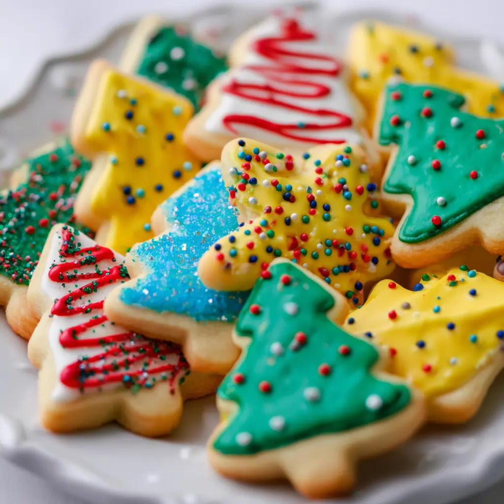 A festive pile of colorful royal icing Christmas cookies, including tree and star shapes, decorated with vibrant sprinkles on a white plate.