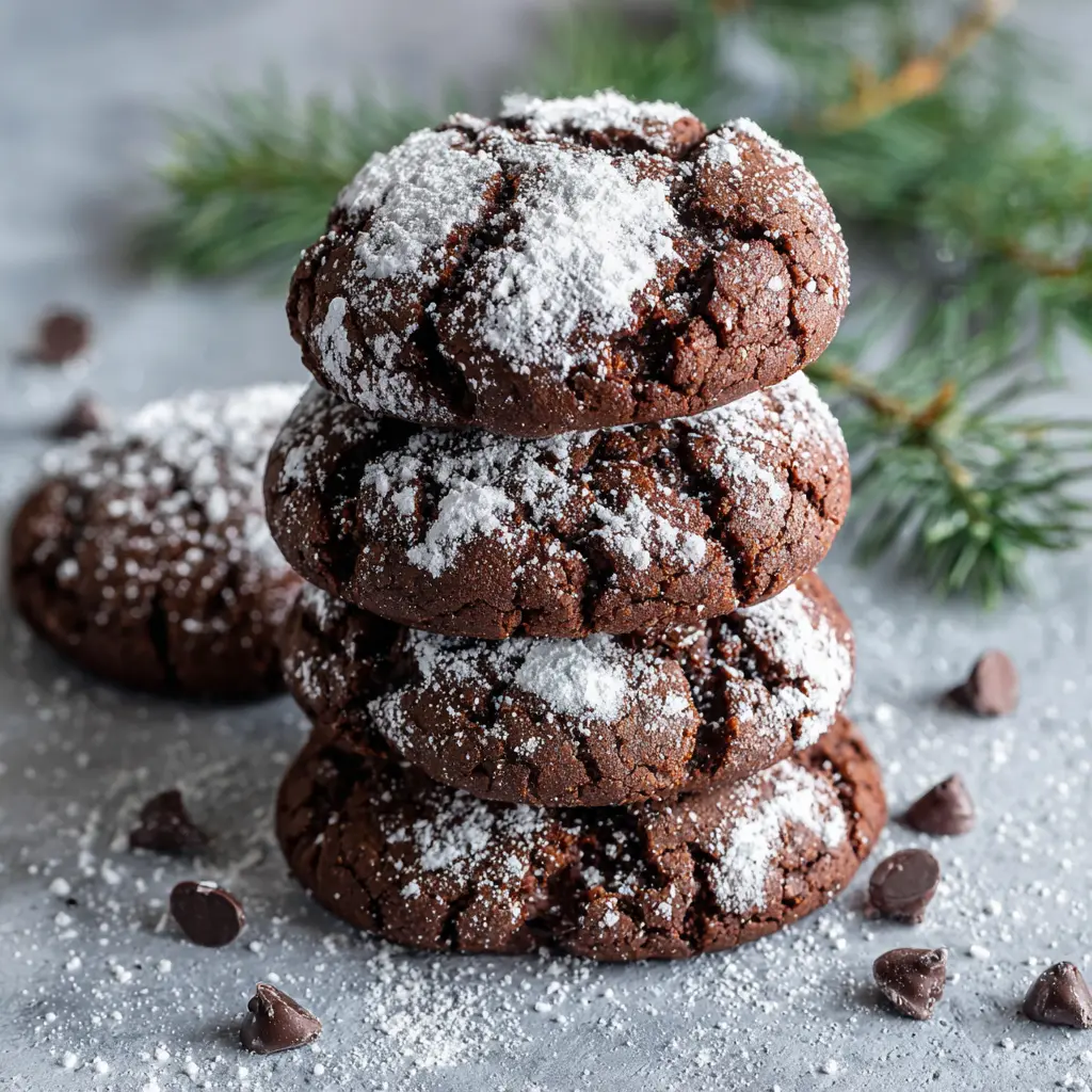 Delicious stack of chocolate Christmas cookies dusted with powdered sugar and festive pine branches.