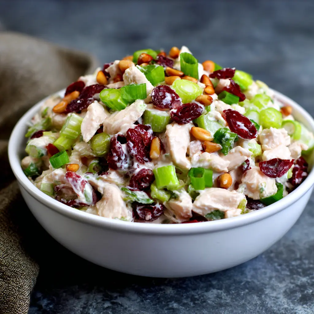 Close-up of a creamy cranberry chicken salad recipe, mounded high in a white bowl, featuring tender chicken, red cranberries, green onions, and nuts.
