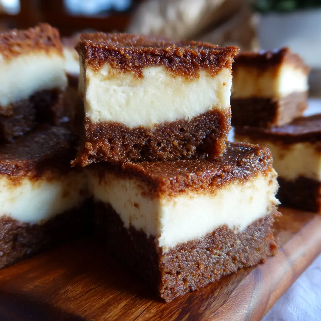 Layered Gingerbread Cheesecake Bars showcasing creamy filling on a rustic wooden board.