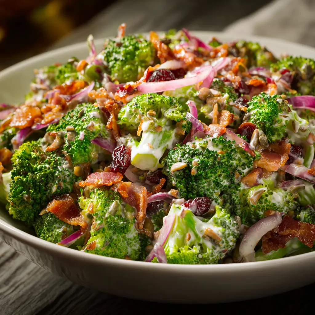 Close-up of a vibrant and creamy broccoli salad with bacon, cranberries, and sunflower seeds in a ceramic bowl.