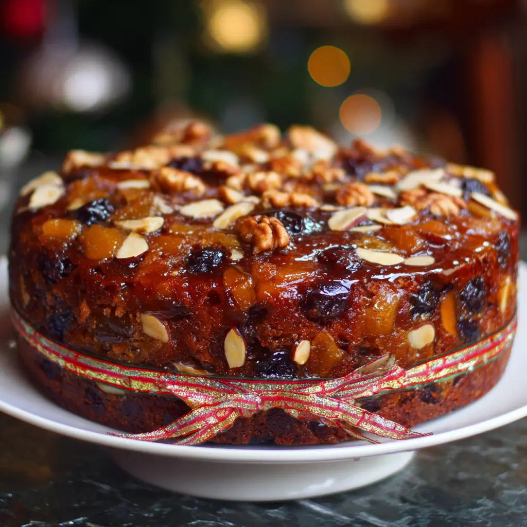 Festive glazed fruit and nut cake with walnuts, dried fruits, and a red ribbon, inspired by a Christmas Mary Berry cake recipe.