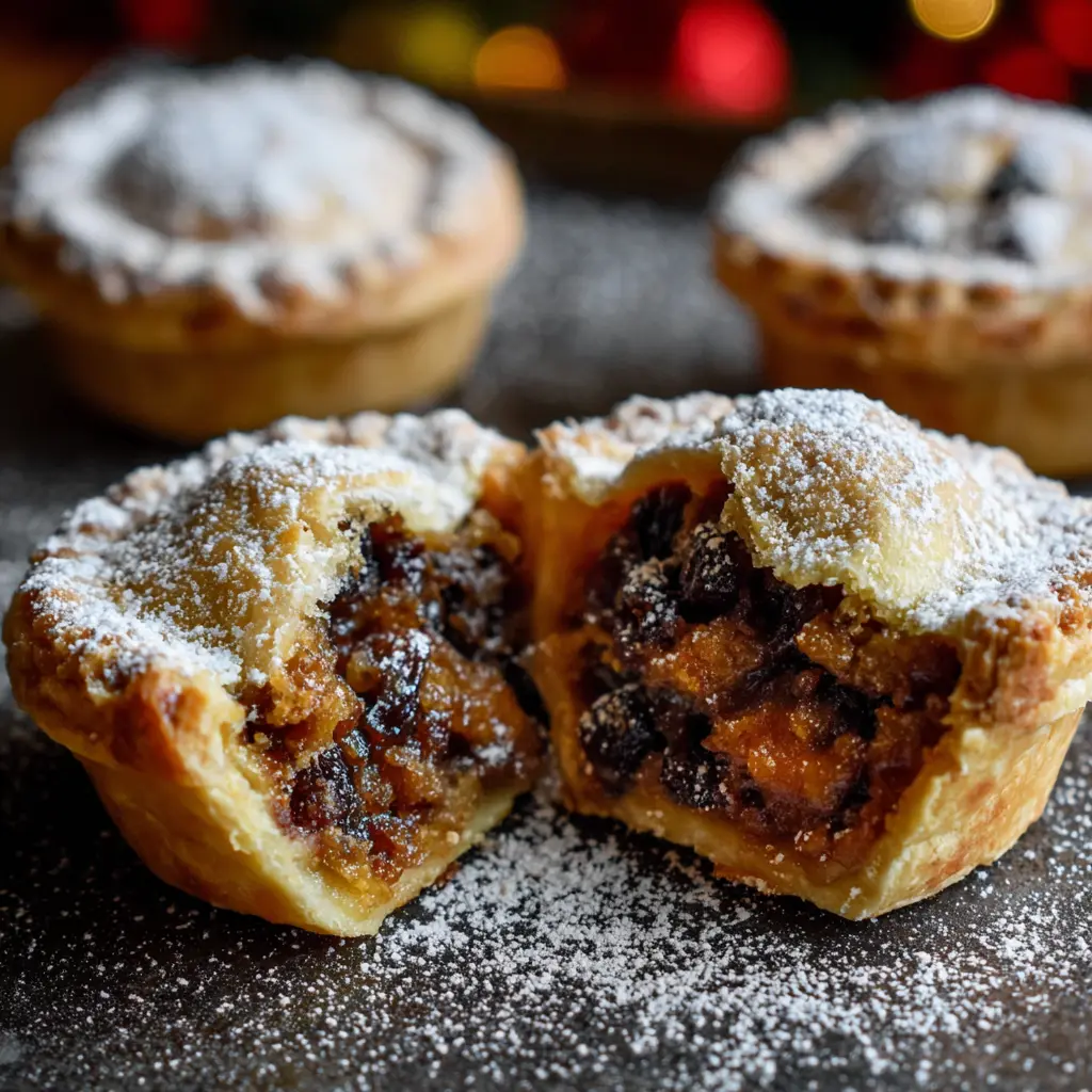 Golden, sugar-dusted Christmas mince pie split open, revealing rich fruit filling, highlighting a delicious christmas mince pie recipe.