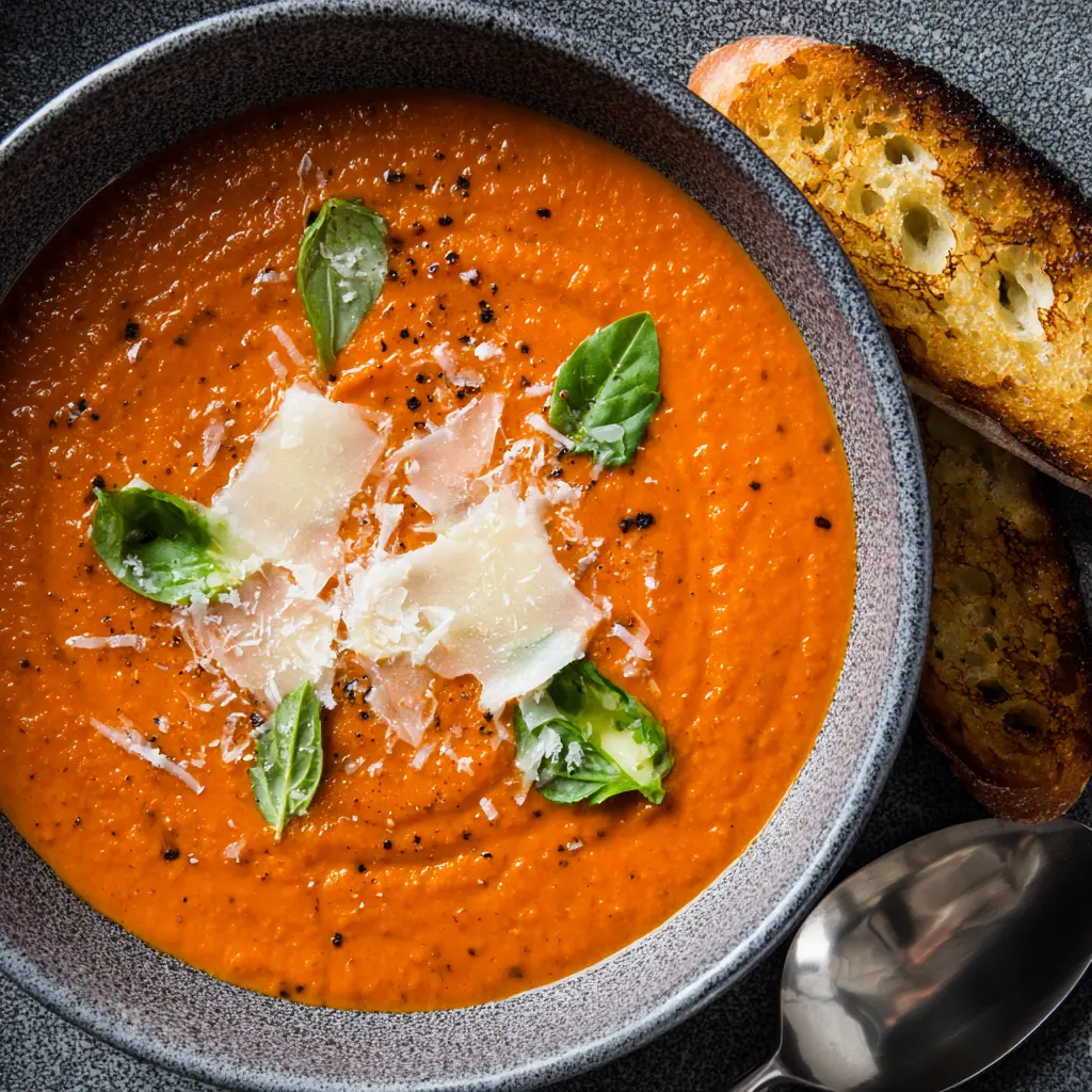 Overhead view of a delicious homemade tomato soup recipe, garnished with Parmesan and basil, served with crusty bread.