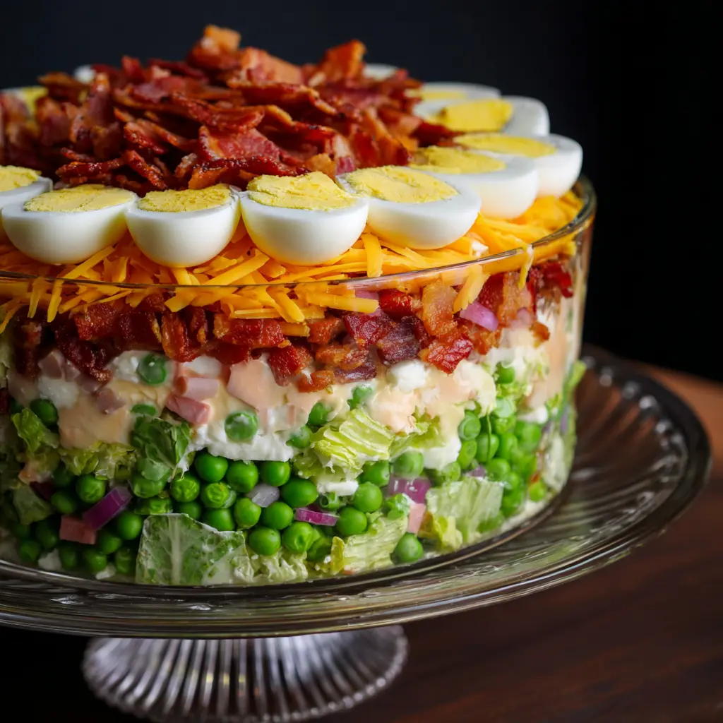 A magnificent 7 layer salad in a clear glass trifle bowl, topped with hard-boiled eggs and crispy bacon, showcasing colorful layers of cheese, ham, peas, and lettuce.