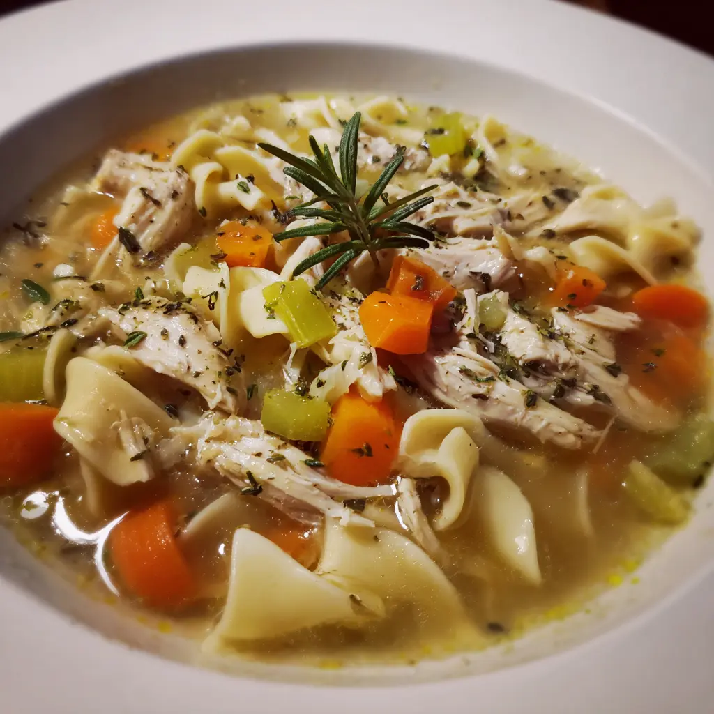 A close-up of a hearty bowl of chicken noodle soup, garnished with fresh rosemary, perfect for your chicken noodle soup recipe.