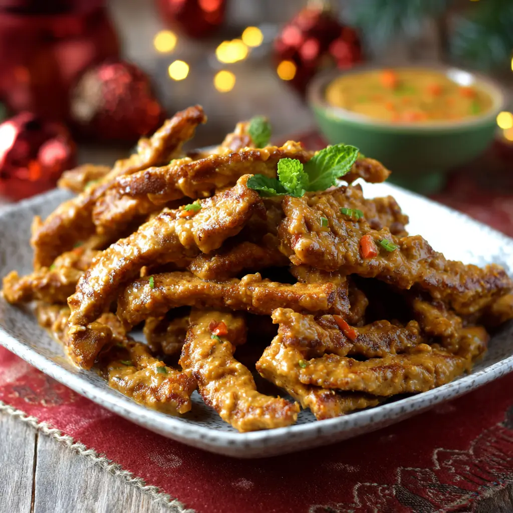 Delicious creamy chicken strips with herbs and mint on a festive plate, perfect Christmas party food.