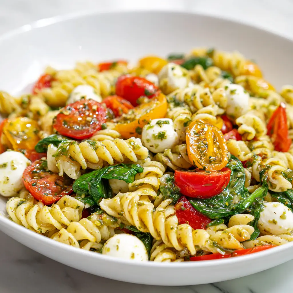 Vibrant easy Christmas pasta salad with fusilli, cherry tomatoes, mozzarella, and spinach in a pesto dressing.