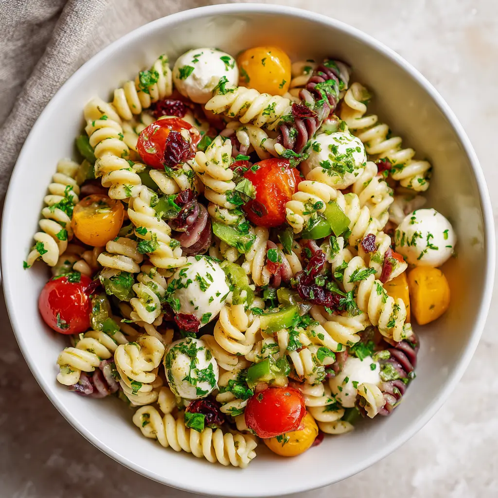 Vibrant rotini pasta salad with red and yellow tomatoes, mozzarella pearls, and green herbs, perfect as an easy Christmas pasta salad for weeknight meals.