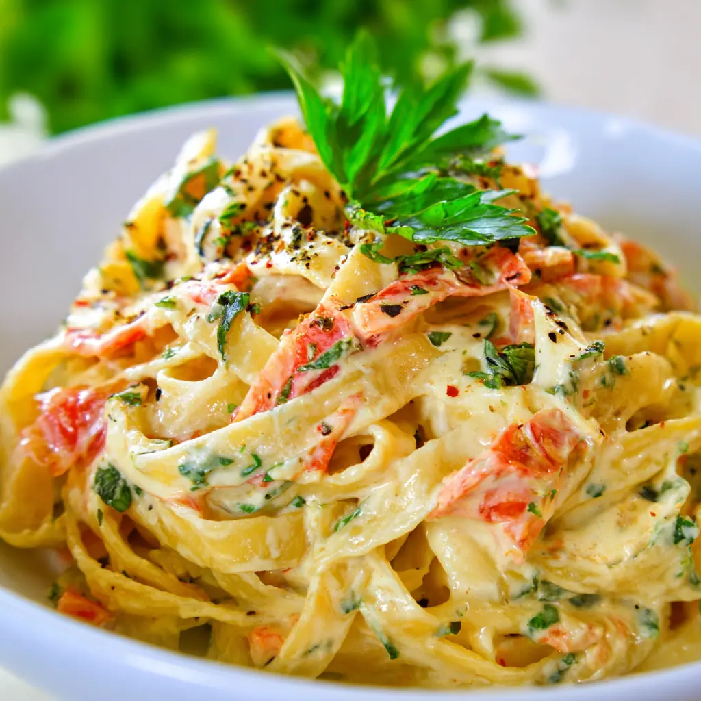 Vibrant and creamy Christmas pasta without seafood, featuring rich sauce, festive red elements like sun-dried tomatoes, and fresh green herbs, served beautifully in a white bowl.