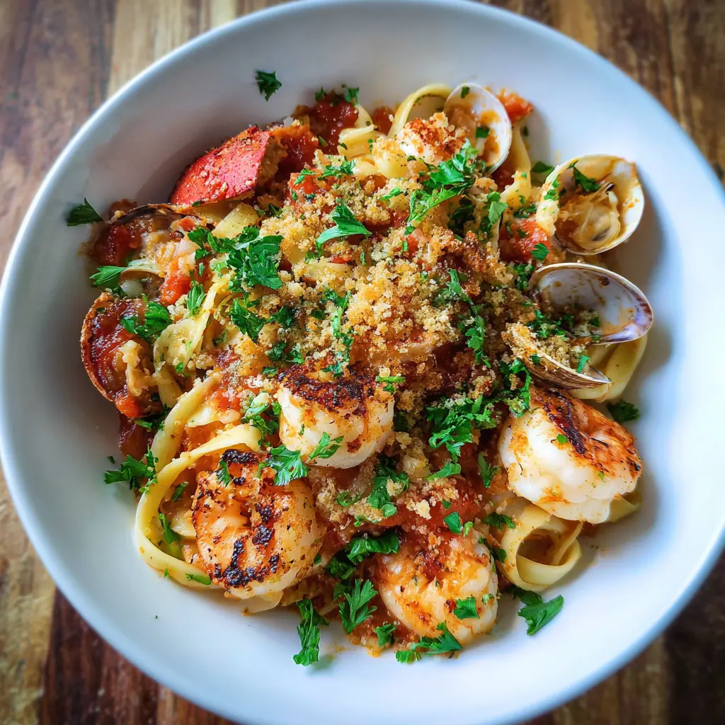 Vibrant christmas seafood pasta with shrimp, clams, and lobster in a rich tomato sauce, topped with breadcrumbs and fresh parsley on a rustic wooden surface.