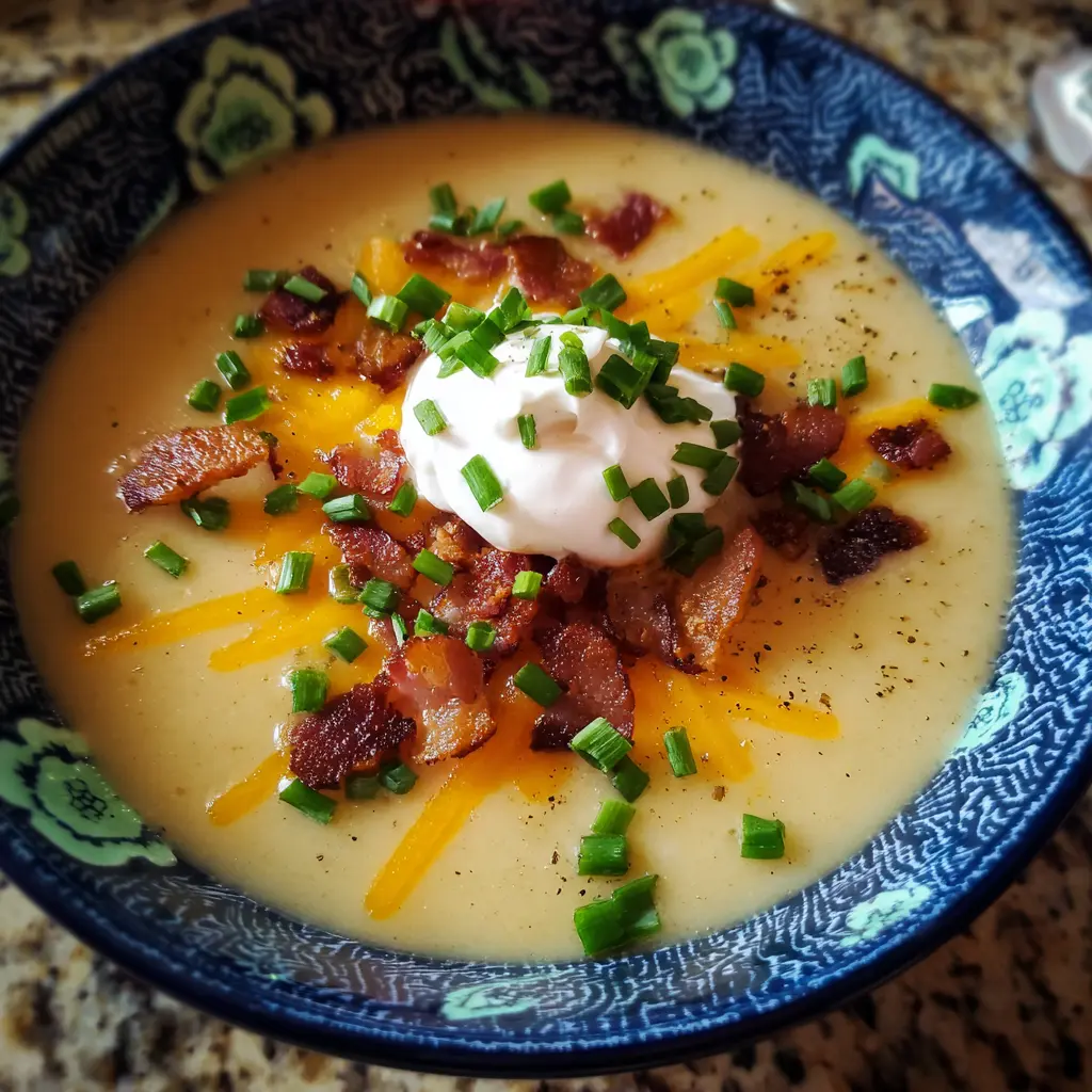A close-up, overhead view of a creamy potato soup recipe, garnished with bacon bits, chives, sour cream, and cheddar cheese in an ornate blue bowl.