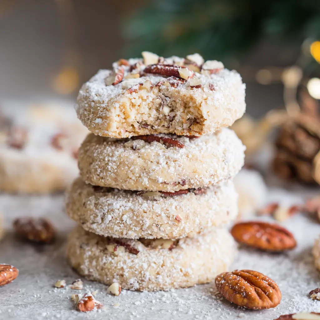 Stack of nut-studded healthy Christmas cookies dusted with powdered sugar on a festive table.
