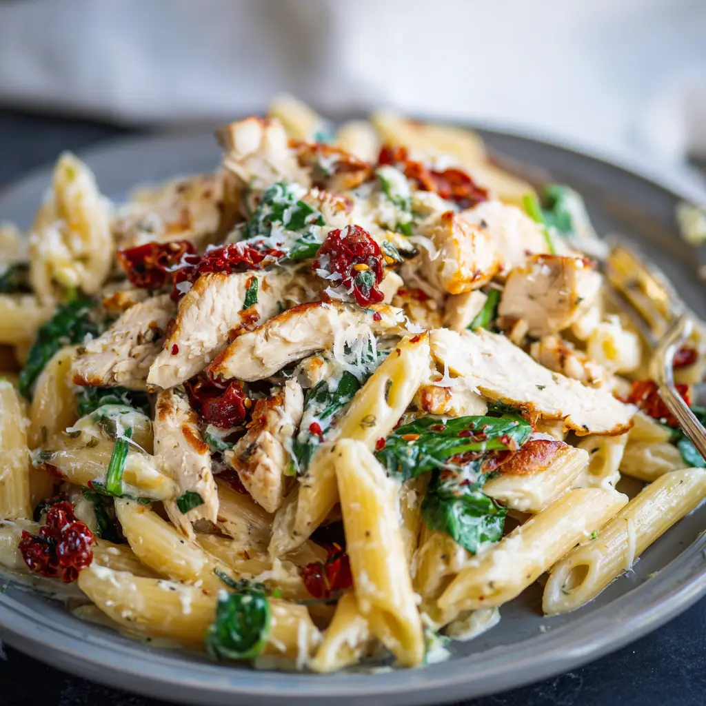 A close-up shot of creamy Christmas chicken pasta with penne, spinach, sun-dried tomatoes, and grated cheese on a grey plate.