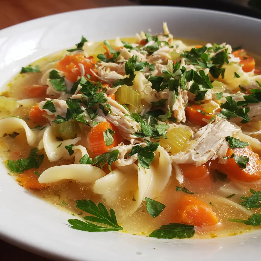 A close-up of a comforting bowl of homemade turkey soup with broad noodles, shredded turkey, carrots, celery, and fresh herbs, perfect for a hearty meal.