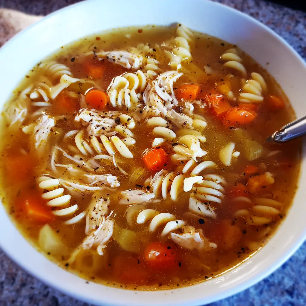 Close-up of a hearty bowl of rotisserie chicken soup with spiral pasta, carrots, and celery.