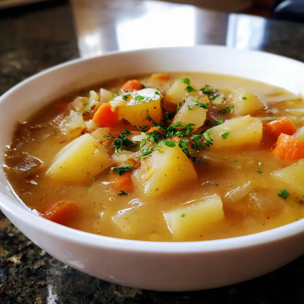 Close-up of a creamy bowl of hearty homemade vegan potato soup with carrots and fresh herbs.
