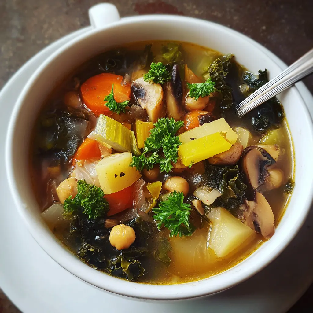 Hearty vegetable soup, a perfect example of comforting winter soup recipes, with carrots, potatoes, kale, and chickpeas, garnished with fresh parsley.