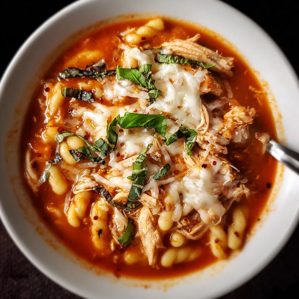 A top-down view of a hearty bowl of chicken parmesan soup, garnished with melted mozzarella, fresh basil, and red pepper flakes, alongside pasta.